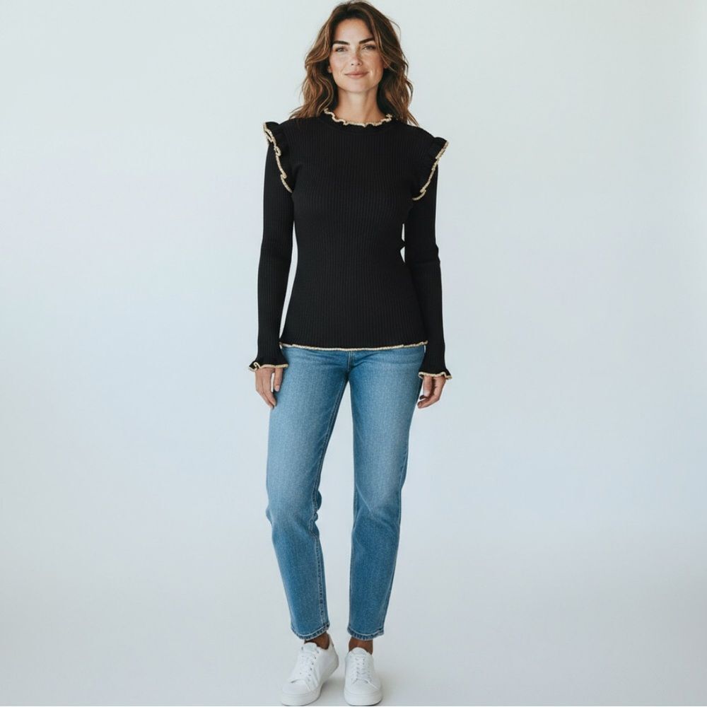 Dance & Marvel Black Ribbed Ruffle Sweater – Size S - Picture 3 of 16